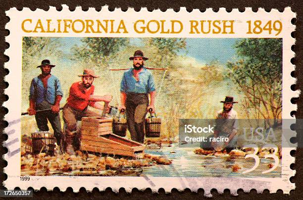 California Gold Rush Stamp Sutters Mill Stock Photo - Download Image Now - Panning for Gold, Gold - Metal, Gold Rush