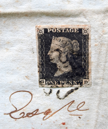 The Penny Black stamp was the world's first postage stamp first issued in 1840. This one attached to a letter has no perferations