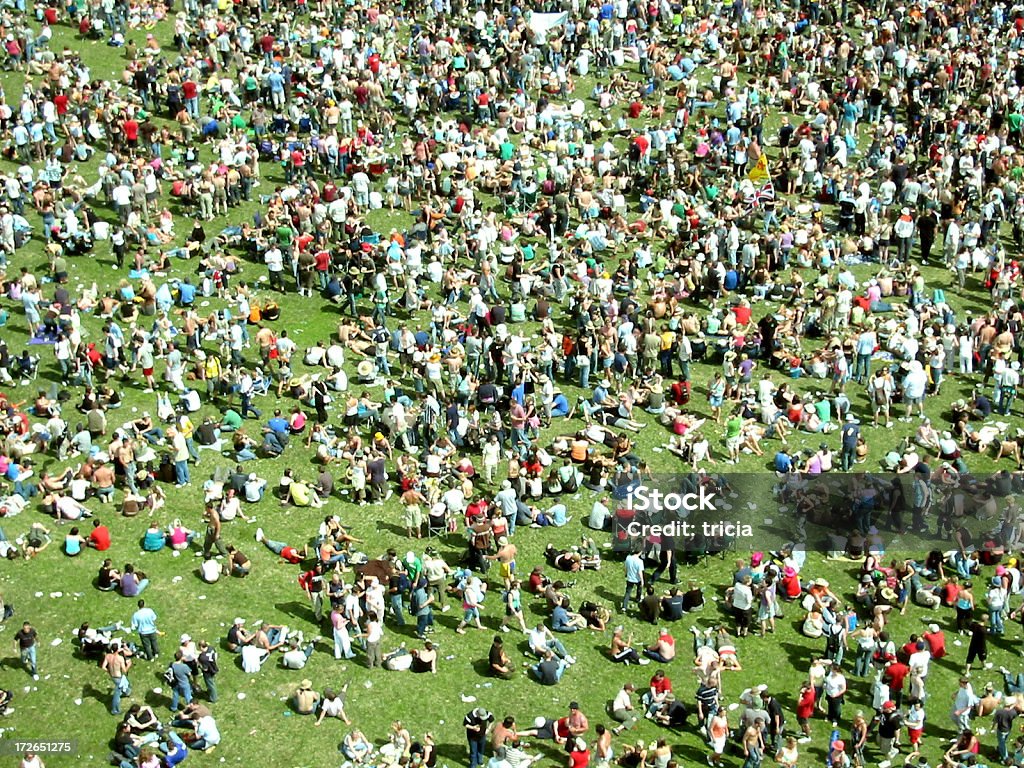 big festival crowd on grass aerial view of a rock summer festival crowd scattered on the grass on a summer day (taken in Scotland, during the T in the Park Festival) Crowd of People Stock Photo