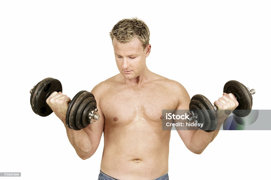 Pumping Iron Man with weights Abdominal Muscle Stock Photo