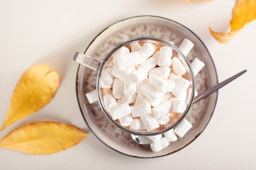 Close up of hot chocolate with marshmallows in a cup on a table among autumn leaves top view