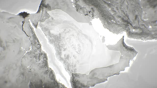 Zoom in on monochrome map of Saudi Arabia, 4K, high quality, dark theme, simple world map, monochrome style, night, highlighted country and cities, satellite and aerial view of provinces, state, city,