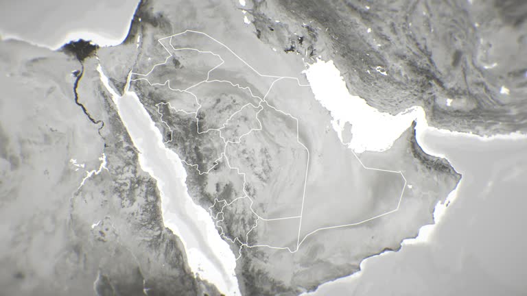 Zoom in on monochrome map of Saudi Arabia, 4K, high quality, dark theme, simple world map, monochrome style, night, highlighted country and cities, satellite and aerial view of provinces, state, city,