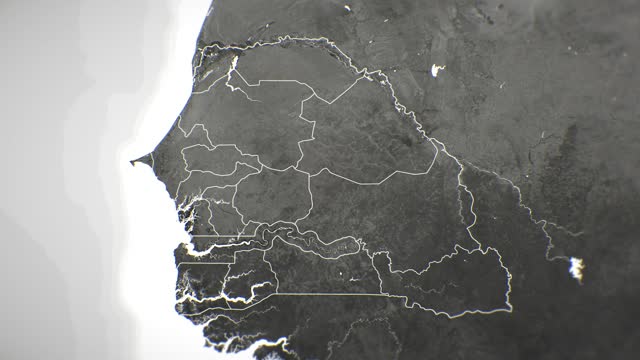 Zoom in on monochrome map of Senegal, 4K, high quality, dark theme, simple world map, monochrome style, night, highlighted country and cities, satellite and aerial view of provinces, state, city,