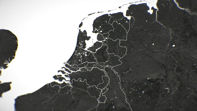 Zoom in on monochrome map of Netherlands, 4K, high quality, dark theme, simple world map, monochrome style, night, highlighted country and cities, satellite and aerial view of provinces, state, city,