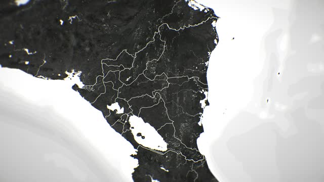Zoom in on monochrome map of Nicaragua, 4K, high quality, dark theme, simple world map, monochrome style, night, highlighted country and cities, satellite and aerial view of provinces, state, city,