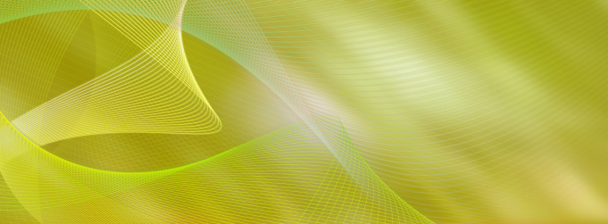 Combination of photography (background image) and computer generated graphics. Fluid, curvy light beams with radiant colors graduating from light yellow to fluorescent green on a lime colored background.