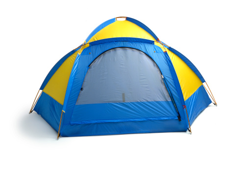 blue and yellow dome tent on white background