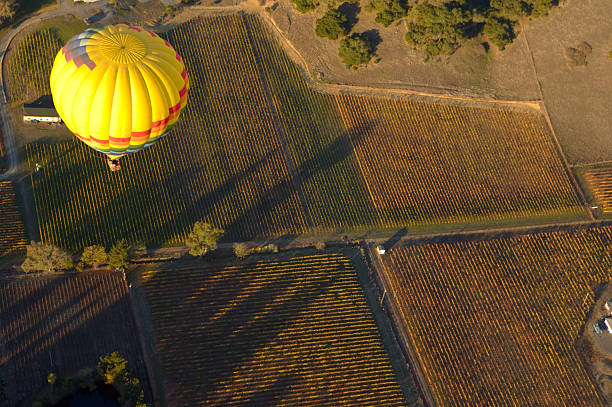 landscape above Farmland seen from the air with a hot air balloon in the foreground sonoma county stock pictures, royalty-free photos & images