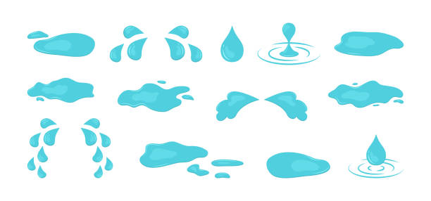 ilustrações de stock, clip art, desenhos animados e ícones de water puddle, spill rain drop, blue splash liquid. cartoon paint, oil drip. cry tear and sweat blob. abstract vector illustration - water surface emotional stress shape nature