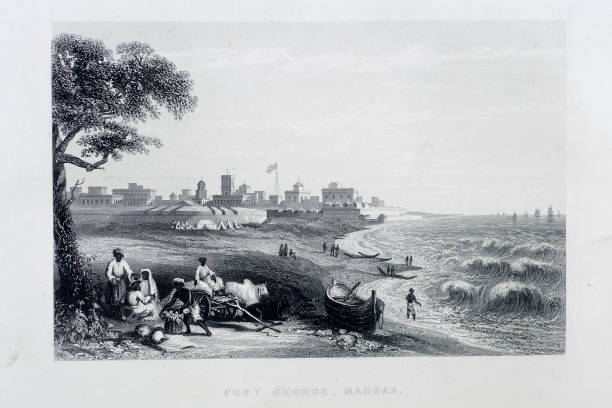 Fort George "Fort George, Madras, India in 1857. Fishermen and indians can be seen in the foreground, in the background the British fortress and merchentmen ships out at sea. Engraving from 1858, Engraver Unkown Photo by D Walker" bullock cart india stock illustrations