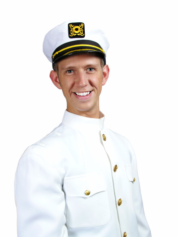 Portrait of captain with sailor cap isolated on white