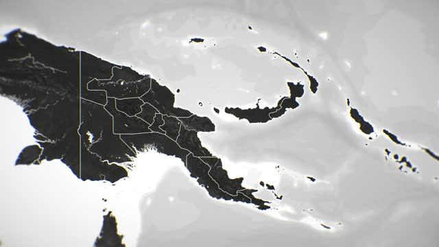 Zoom in on monochrome map of Papua New Guinea, 4K, high quality, dark theme, simple world map, monochrome style, night, highlighted country and cities, satellite and aerial view of provinces, state, city,