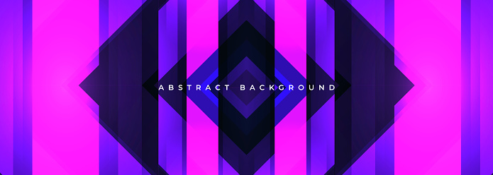 Abstract pink and purple wide banner background with 3d geometric shapes, lines and shadows. Vector illustration