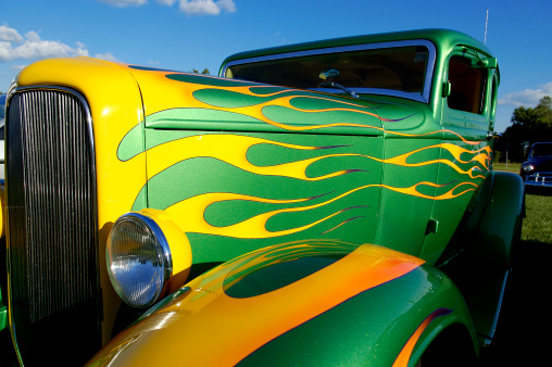 A wild flame paint job on a custom American Hot Rod automobile.