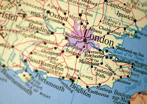 Macro of London on a map.