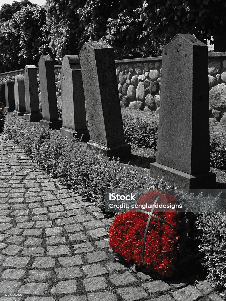 Cross My Heart A heart of red carnations decorates a row of headstones in a small European country cemetery; black and white monochrome version. Carnation - Flower Stock Photo