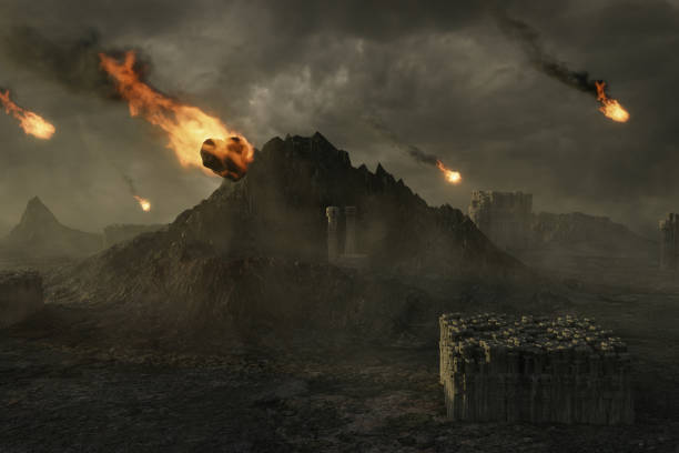 istock 3D rendering of falling fireball meteors on dystopian landscape 1726586563