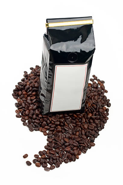 noir métallisé café sacco - consumerism ground coffee packaging coffee photos et images de collection