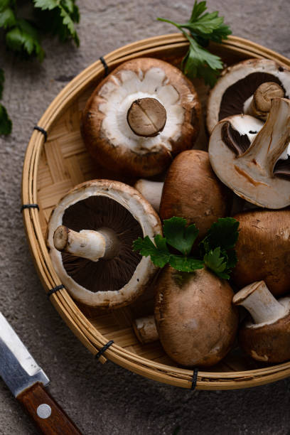 istock Raw champignon mushrooms on black background 1726596928
