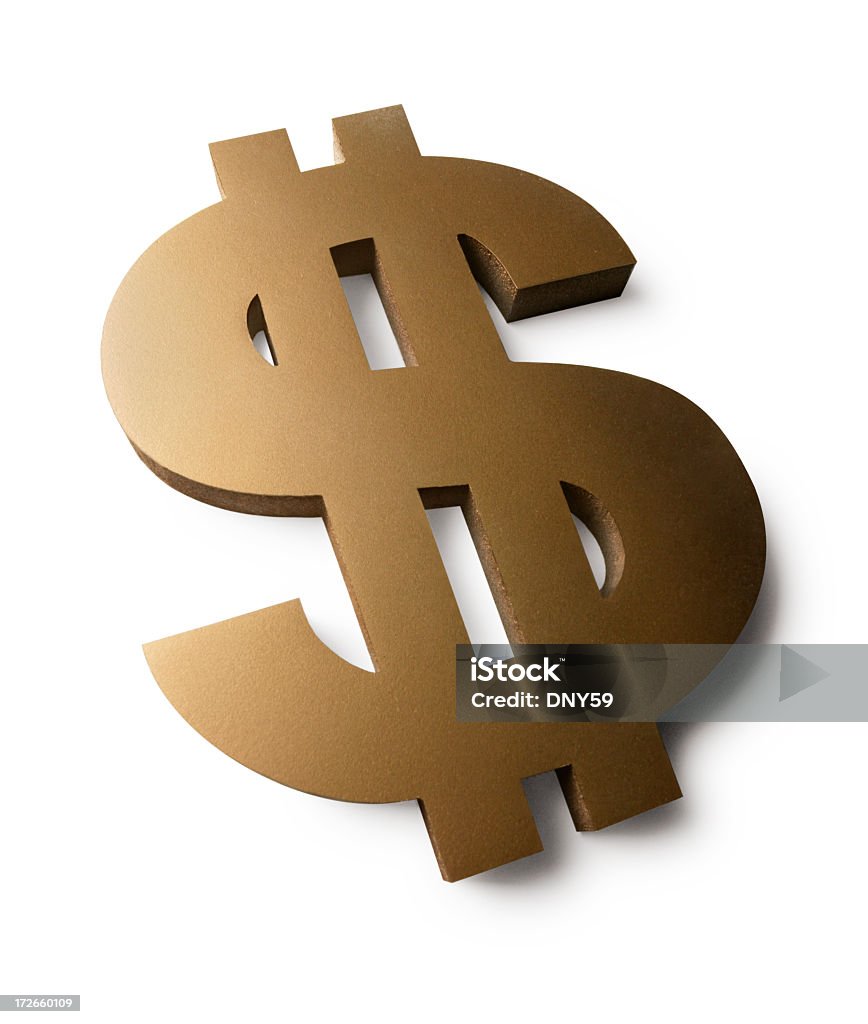 Forced perspctive view of a dollar sign A gold dollar sign photographed on a white background with a soft shadow. Image is captured using a wide angle lens creating a forced perspective view. Banking Stock Photo