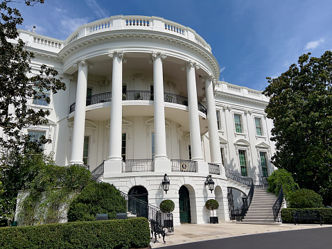 The sunny south side of the White House, where the President of the United States resides.