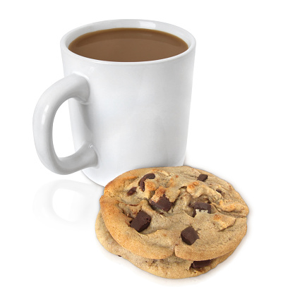 Cup of coffee and chocolate cookies. Isolated on white. RELATED IMAGES: