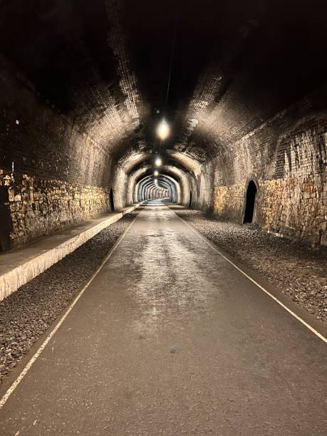 szlak monsal wyglądający przez tunel, przez który przejeżdżały stare wiktoriańskie pociągi. - locomotive train night vertical zdjęcia i obrazy z banku zdjęć