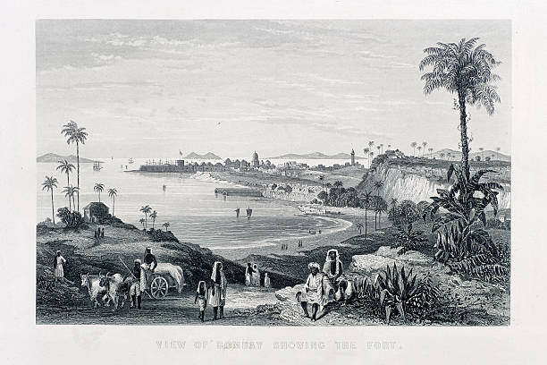 Bombay "View of Bombay showing the Fort. India 1857. Engraving from 1858, Engraver Unkown Photo by D Walker" bullock cart india stock illustrations