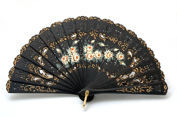Hand Painted Black Spanish Fan Made of Ebony "Close-up of a beautiful hand-painted fan from Spain, made out of black ebony wood.  On a white background." flamenco photos stock pictures, royalty-free photos & images