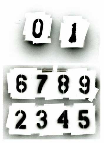 Full numbers stencil set.  Sprayed with black spray paint on white.  Great for grunge designs, paint is runny and spotted.