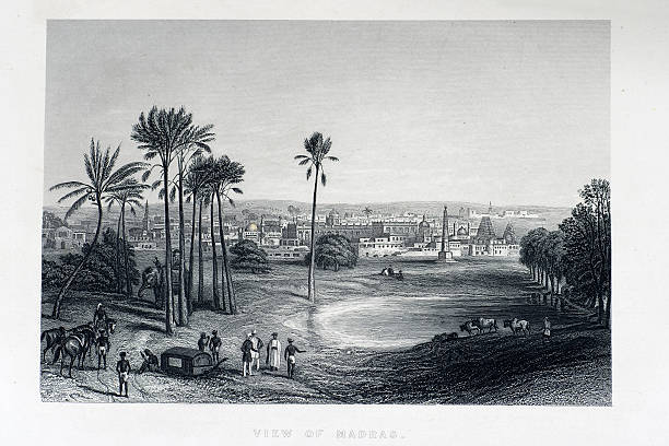 View of Madras "Madras, India in 1857 at the time of the Indian Mutiny. Travellers can be seen on the dirt road leading to the city, and an elephant stands in the shade of the palm trees. Engraving from 1858, Engraver Unkown Photo by D Walker" tamil nadu landscape stock illustrations