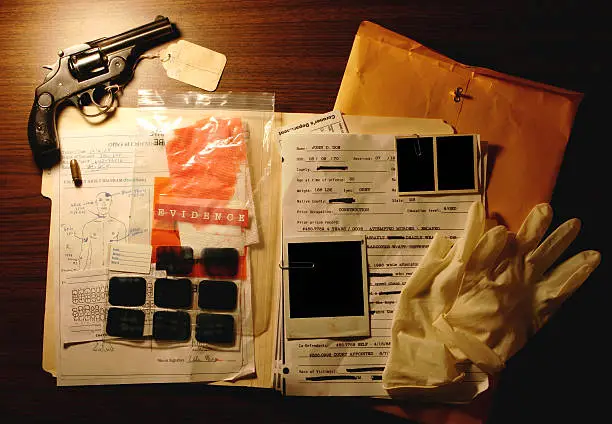 "Fictitious murder case records with gun, bullet, dental x-rays, autopsy, blank photos and gloves."