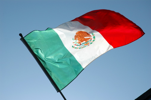 The national flag of Peru with the clear sky in the background