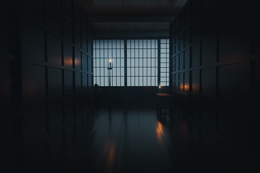 3d rendering of japanese wooden corridor with shoji sliding doors at night