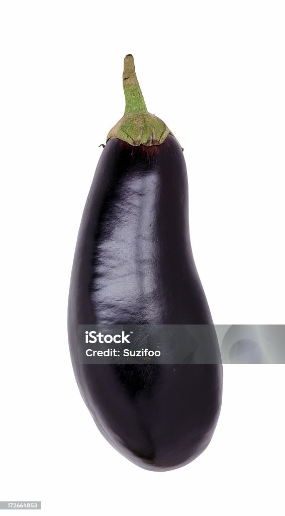 eggplant "A large purple eggplant, isolated on white. Eggplants are known by a variety of names, depending on what country you are in:  aubergine, berenjena, garden egg, melongene, brinjal, egg apple, melanzane, patlican, Guinea squash, etc." Close-up Stock Photo