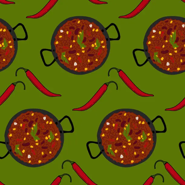 Vector illustration of Seamless pattern of Chili con carne in a cast iron pan and red hot chili pepper. Flat lay. Isolate