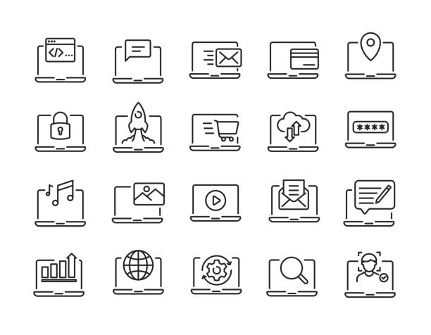illustrations, cliparts, dessins animés et icônes de fonction d’ordinateur portable, icônes de ligne d’ordinateur ou d’ordinateur portable. trait modifiable. pour la conception de marketing de site web, logo, application, modèle, interface utilisateur, etc. illustration vectorielle. - ordinateur portable