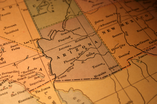 A vintage US map centered on Arizona.