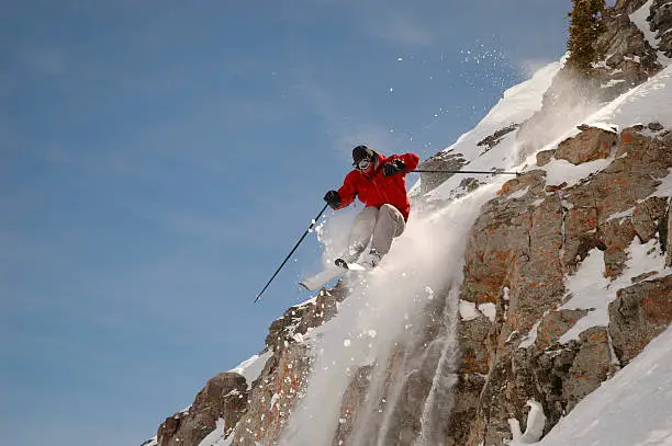 "Skier jumping off a cliff at Snowbird, UT.Other skiing pictures:"