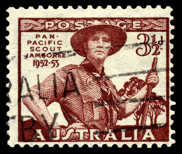 Australia Scouting Postage Stamp "Australia Scouting Postage Stamp commemorating Pan Pacific Scout Jamboree, 1952-1953.Similar scouting stamp:" 1952 1952 stock pictures, royalty-free photos & images
