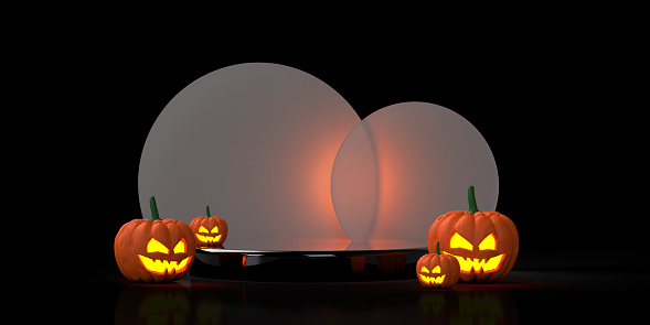 Halloween empty sales stage platform in circular shape with bizarre smiling realistic pumpkins illuminated on dark background. Minimalist product display, sales discount, marketing template in 3D illustration design with copy space. Traditional autumn horror decoration festival.
