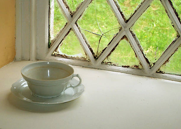 Beautiful used coffee cup and broken window. stock photo