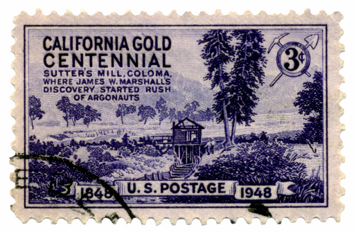 Stamp issued to commemorate the discovery of gold in California in 1848 and the rush of adventurers to California soon after 1849 (referred to as Argonauts in the stamp). The find attracted world-wide attention. Those who came in 1849 were called the forty-niners.Another California stamp: