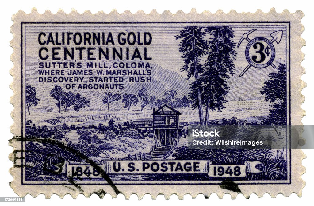 California Gold Rush Postage Stamp Stamp issued to commemorate the discovery of gold in California in 1848 and the rush of adventurers to California soon after 1849 (referred to as Argonauts in the stamp). The find attracted world-wide attention. Those who came in 1849 were called the forty-niners.Another California stamp: California Stock Photo