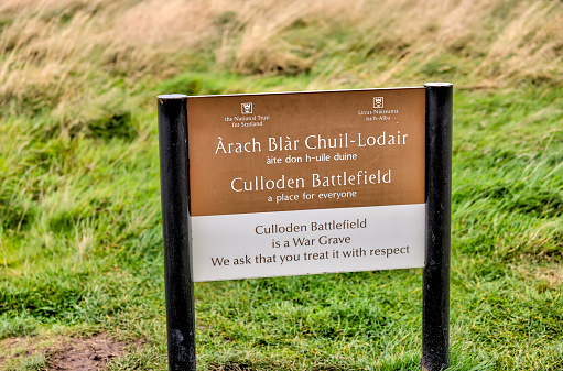 Culloden, Scotland - September 24, 2023: Signage at the historic memorial to the battle of Culloden in Scotland