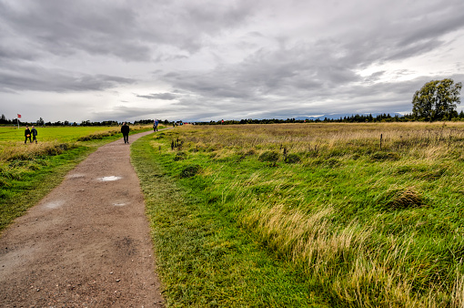 Culloden, Scotland - September 24, 2023: Structures and grasslands at the historic memorial to the battle of Culloden in Scotland
