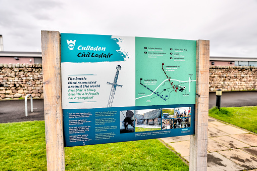 Culloden, Scotland - September 24, 2023: Signage at the historic memorial to the battle of Culloden in Scotland