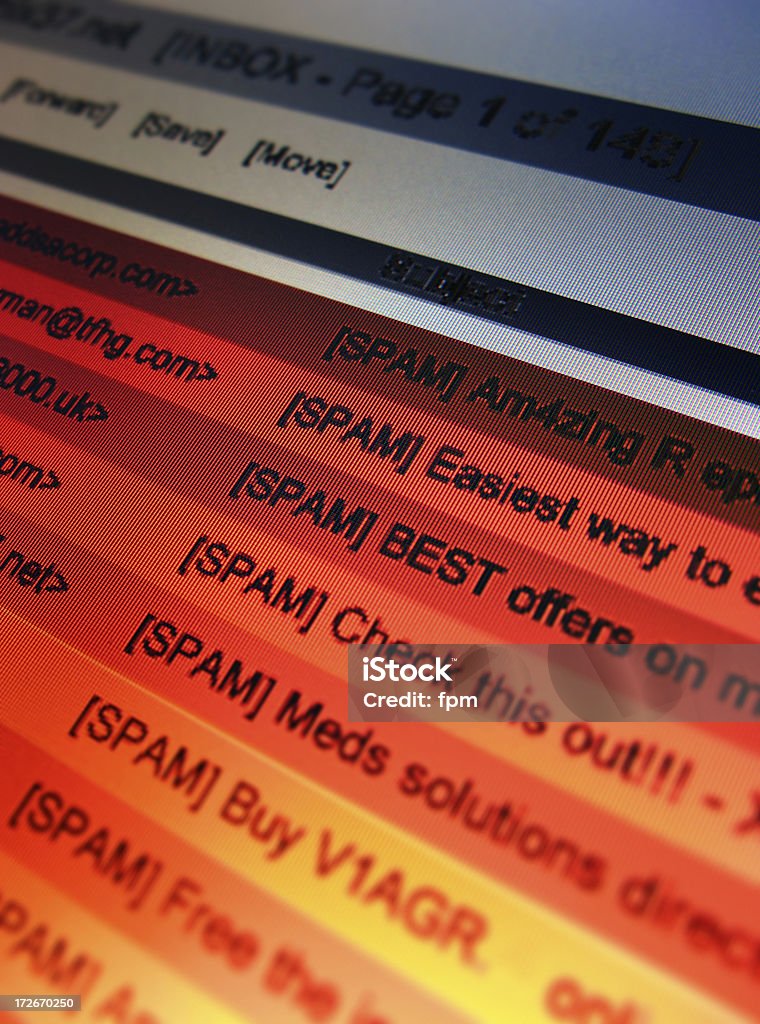 eMail Spam 4 (closest) Clean dynamic macro photo of TFT showing a list of spam mails.Subjects and email adresses are made up. (Years of spam experience were used to achieve closest emulation :)) E-Mail Stock Photo