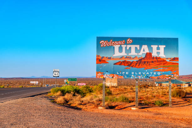 Monument Valley, United States - September 26, 2023:  The sign entering the state of Utah from Arizona along US Highway 163 in Monument Valley.